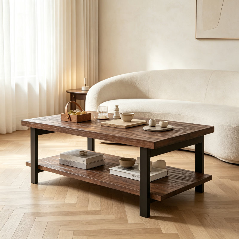 Table basse 100% rustique rectangulaire en bois massif, table basse de salon avec tablette de rangement ouverte, mobilier de maison robuste
