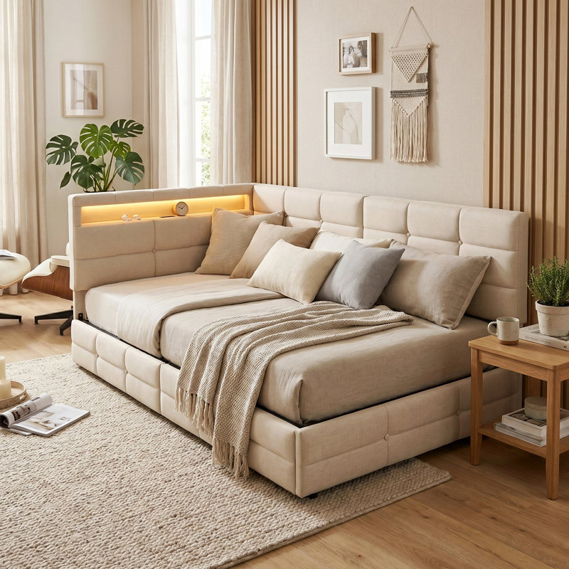EU Single & Double Linen Daybed with LED & USB Charging, L-Shaped Headboard & Side Drawers, Beige/Grey, 90/140x200cm, Beige