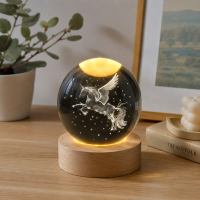 60mm 3D Laser-Engraved Unicorn Crystal Ball Lamp with LED Stand, Decorative Glass-Sphere Figurine and Paperweight