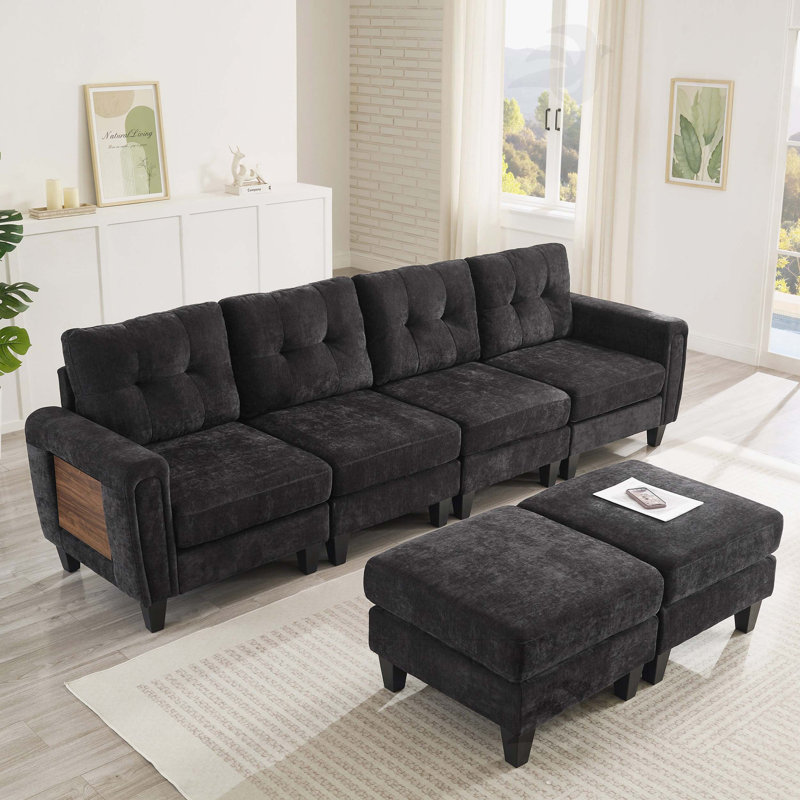 Canapé modulaire moderne en U de 115 po avec deux repose-pieds mobiles, ports USB et tables d'appoint pour le salon, noir