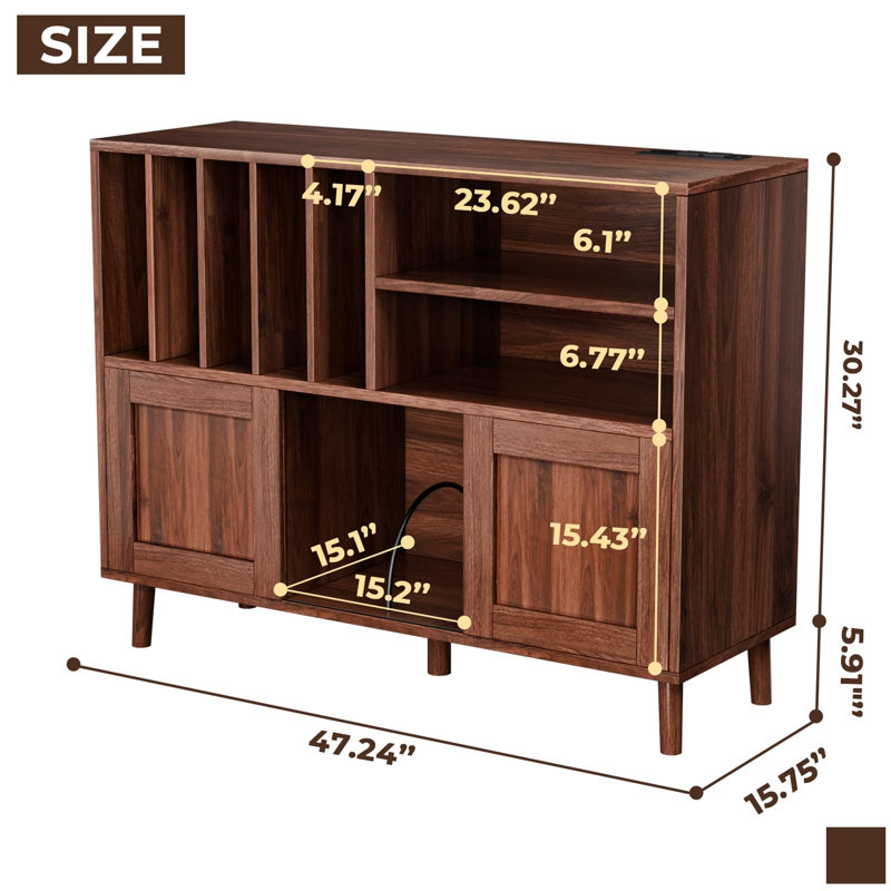Meuble pour platine vinyle avec rangement et station de charge, meuble vintage en noyer de 120 cm avec portes coulissantes