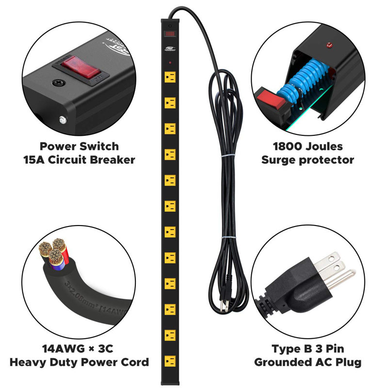CRST Heavy Duty Surge Protector Power Strip Wide Spaced 12-Outlet 15 Feet Long Extension Cord with Mounting Brackets 15A Circuit Breaker 1800 Joules