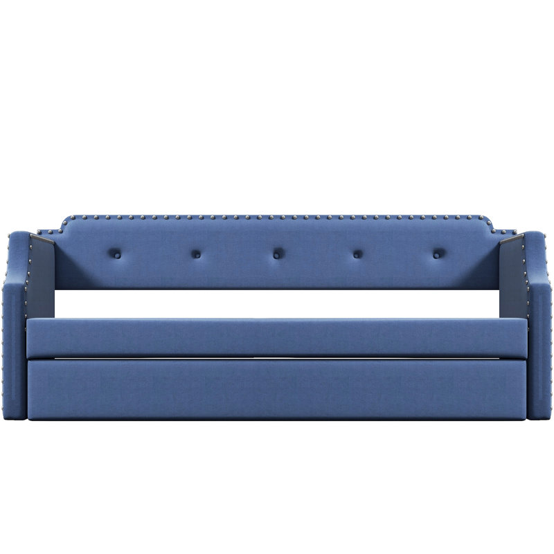 Upholstered Daybed With Trundle, Twin - Linen Covered, Robust Wood Slat Framework Twin Upholstery, Firm Support, Blue