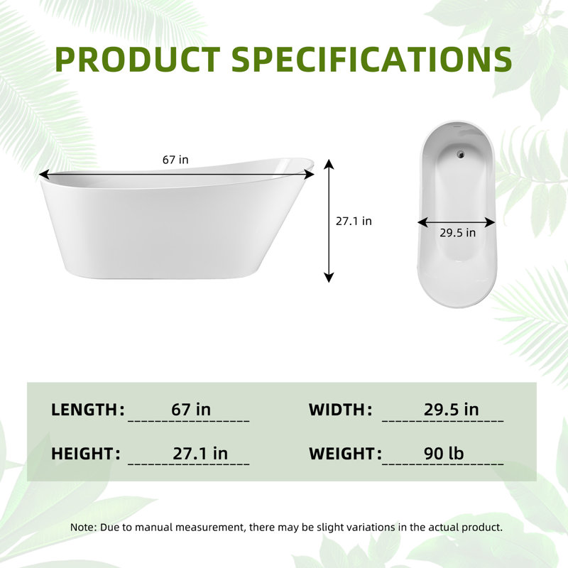 67" x 30" Freestanding Acrylic Bathtub