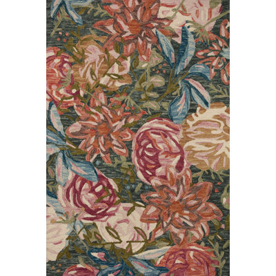 Tapis floral rouge / beige en laine crocheté à la main Ocasio