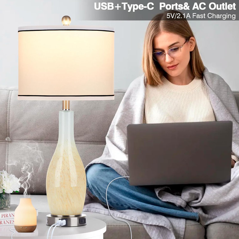 27" Yellow Glass Table Lamp Set with USB Ports and Nightlight