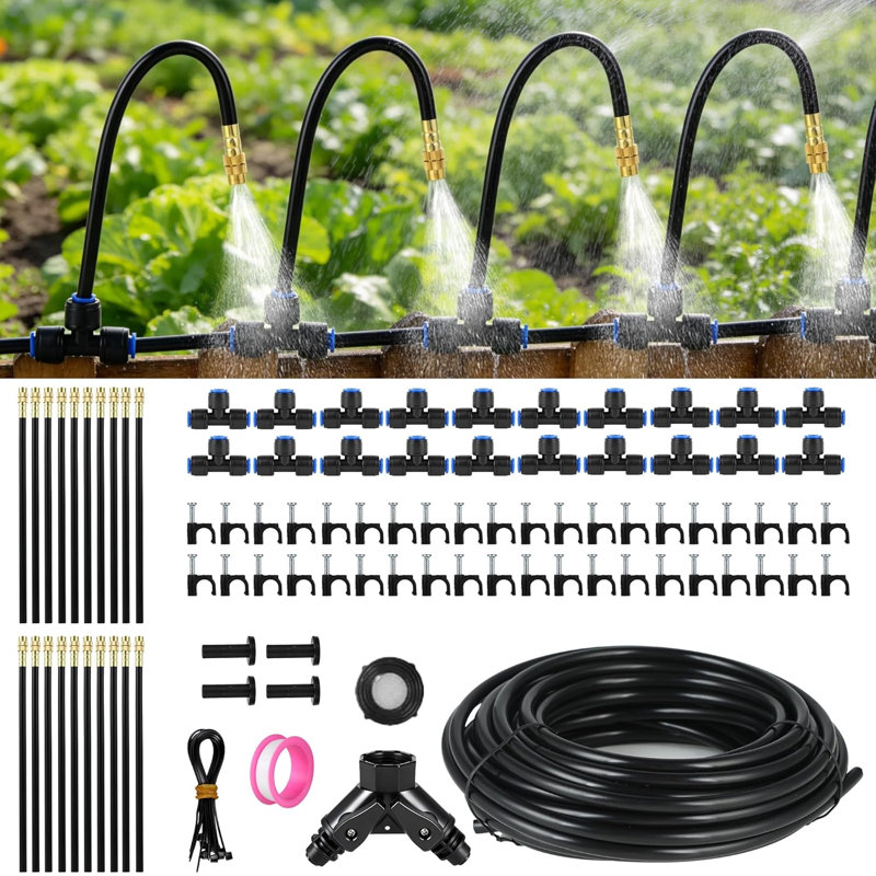 Système d'arrosage goutte-à-goutte pour jardin 130pi, buses de pulvérisation de brumisateur 20 pièces, goutte / brume / jet réglable, kit d'économie d'eau pour les plantes en pot de serre