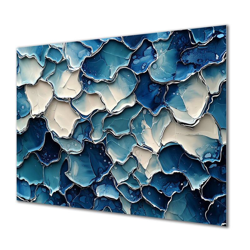 Décoration murale blanche et bleue «Silence Of Perception I» - Collages abstraits en métal, H 16 po x l 32 po