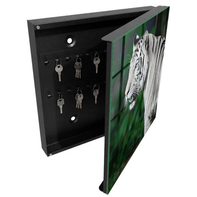 Key cabinet, Opens to the left, 30x30x5, Black, A white tiger in a green environment, 