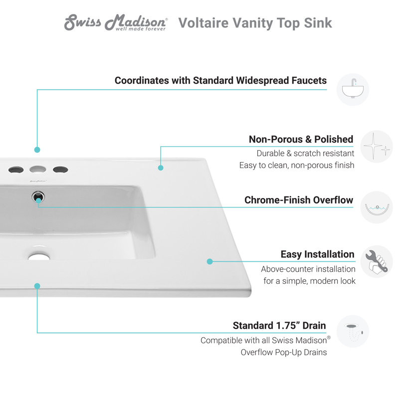 White Ceramic 31" Vanity Top Sink with Centerset Faucet Holes