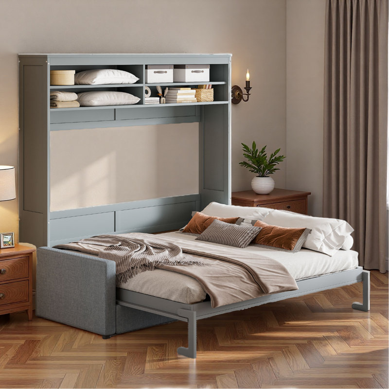 Grand lit escamotable avec canapé et tablettes, Gris