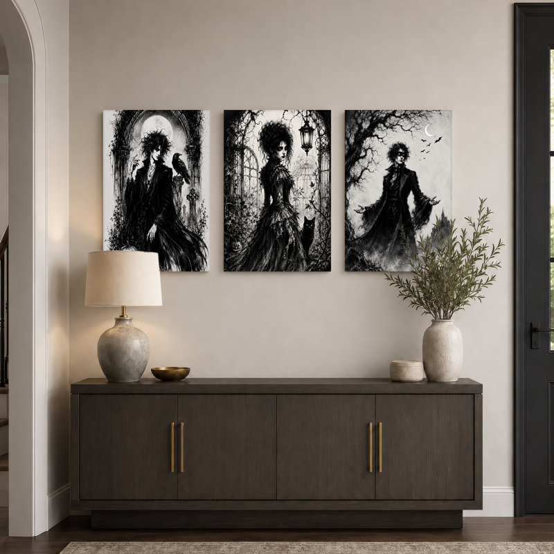 Couple de vampires gothiques en niveaux de gris, ensemble de 3 toiles murales pour l'Halloween, H 24 po x l 16 po x 3 pièces
