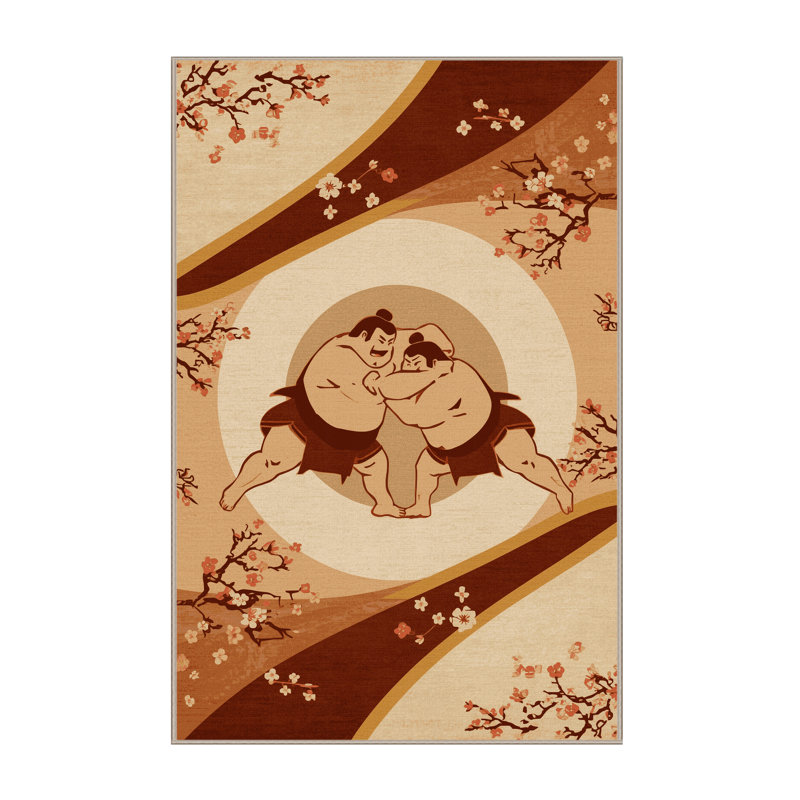 Machine Washable Aguilar Traditional Sumo Match Traditional Rug in Brown – Beige Binding, 2x4