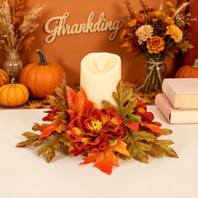 Thanksgiving Decorations Halloween Decorations Three Branch Maple Peony Wreath Candle Base Artificial Floral Tabletop Centerpiece Fall Harvests Season