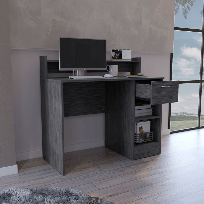 Bureau d'ordinateur avec tablettes de rangement ouvertes et tiroir simple, finition chêne fumé, Noir