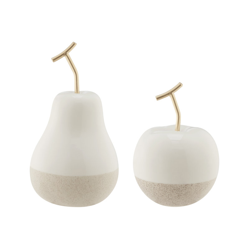 Vost Dipped Fruit Decorative Accent Ceramic Sculpture Figure Set Of 2, White/Cream, 7.64" H x 4.2" W x 4.2" D