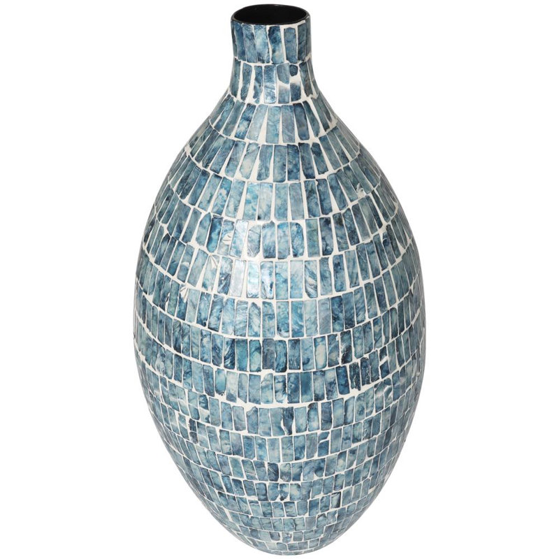 Mother of Pearl Shell Handmade Mosaic Inspired Decorative Vase, Blue, 21.8" H x 11.1" W x 11.05" D 