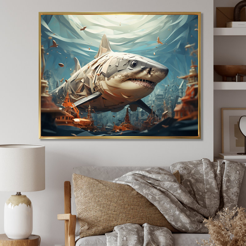 " Shark Coastal Guardian ", 12" H x 20" W x 1" D, Gold Floater Framed