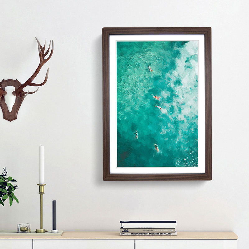 Surfers in Bondi Beach in Australia - Picture Frame Graphic Art Print, 36cm H x 27cm W x 2cm D, Walnut Framed