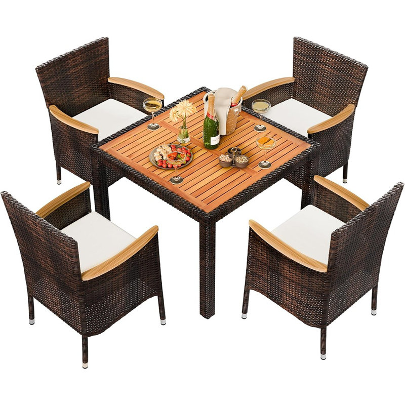 Ensemble repas de patio 5 pièces, ensemble de conversation de patio en osier avec plateau en bois, table d'extérieur et chaises avec coussins moelleux