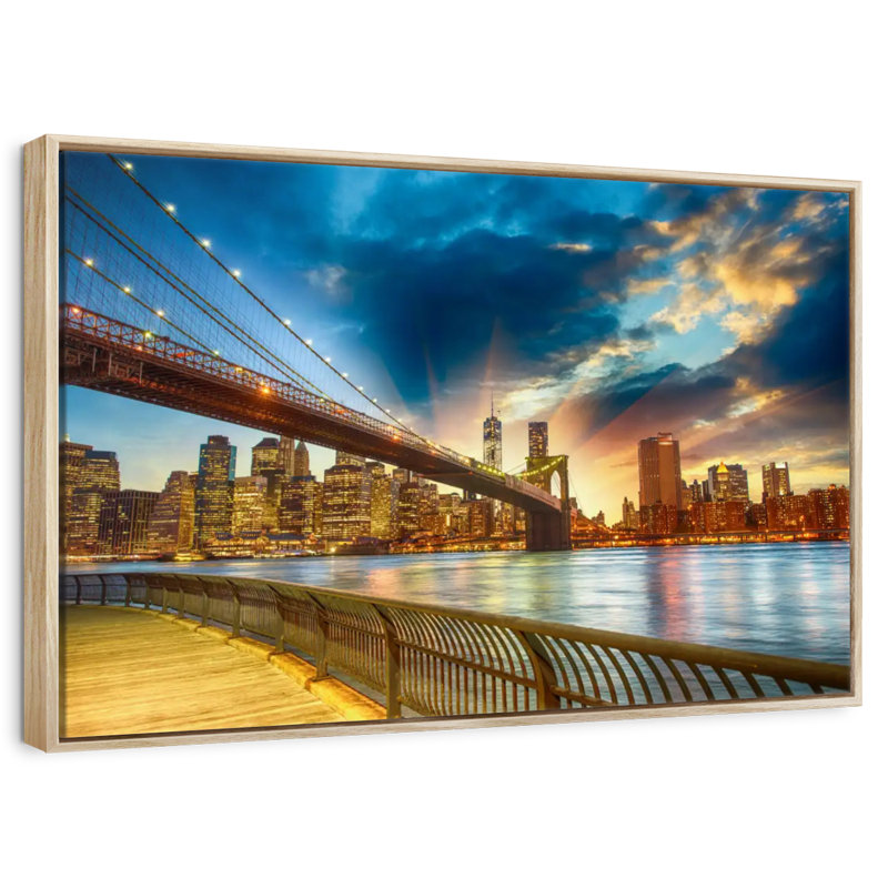 Spectaculaire coucher de soleil à Manhattan, Cadre flottant en bois naturel, 13 po x 9 po
