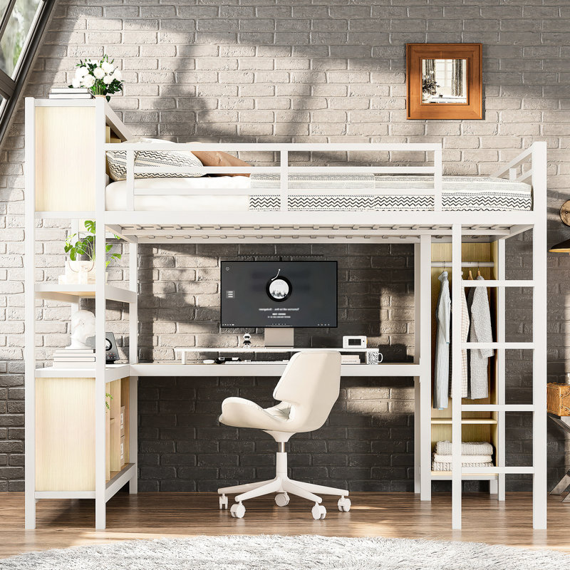 Lit mezzanine en métal robuste avec grand lit, bureau en L, garde-robe et compartiments de rangement, pour une utilisation régulière, sécuritaire pour les adolescents