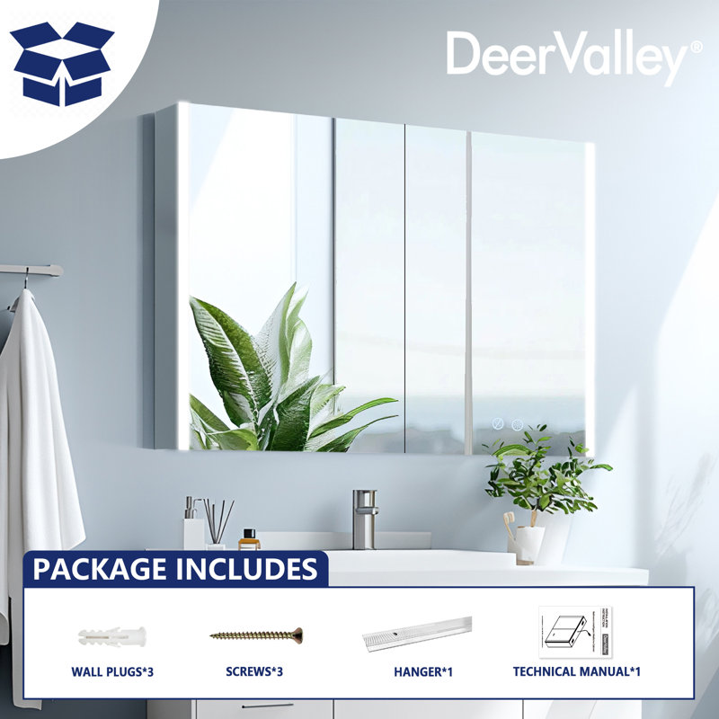 Deervalley LED Bathroom Mirror With Stepless Dimmable Wall Mirrors With Anti-Fog, Dimmer, Bluetooth Speaker, Double Doors,Memory Vanity Mirror With 3 Color Modes