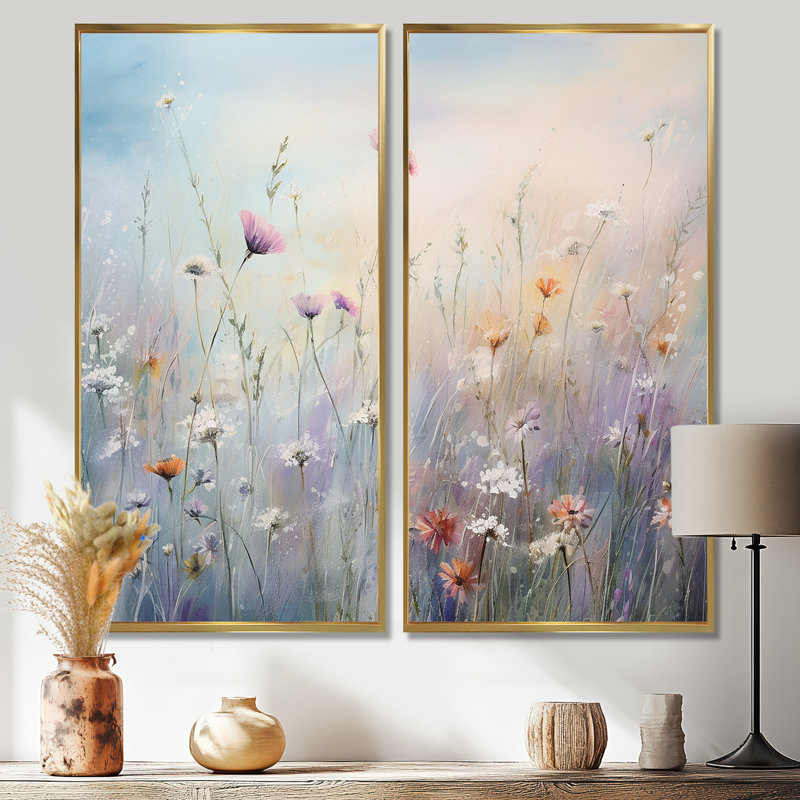 Fleurs sauvages sauvages «Wander Meadows» - art mural traditionnel blanc, 20" H x 24" W, Impression encadrée flottante, Gold