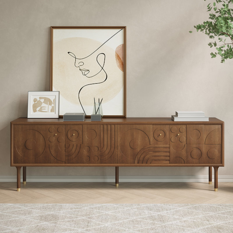 Meuble télé Mid-Century moderne, entièrement assemblé, H 22,83 po x L 70,86 po x l 16,93 po, Brun