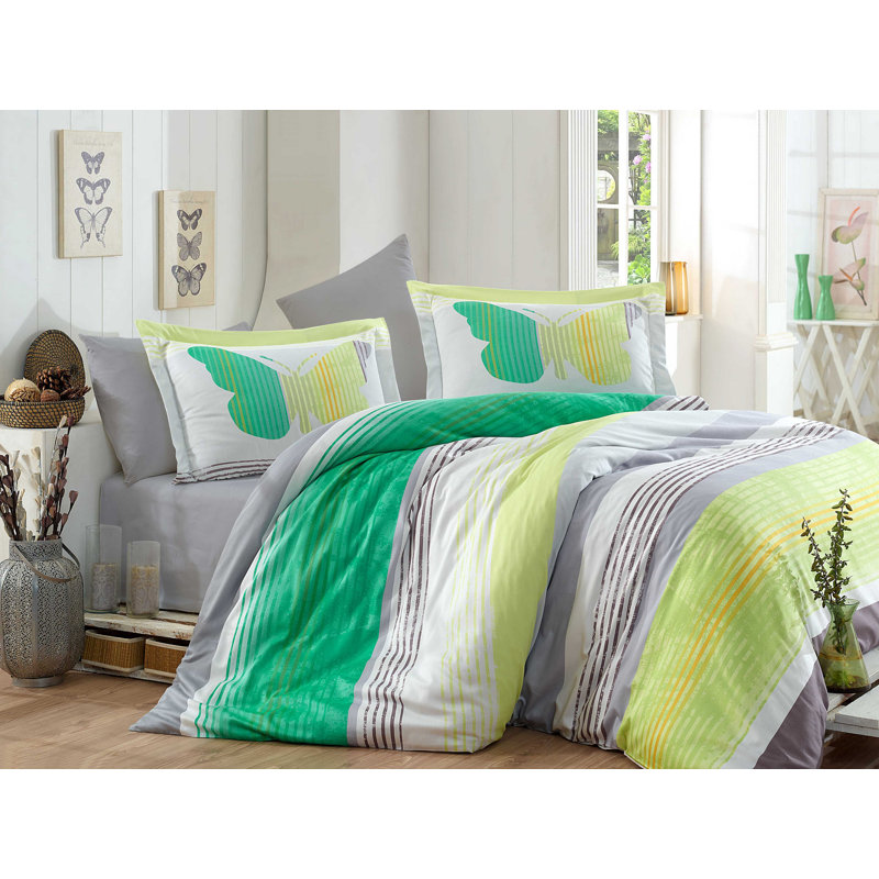 Ensemble de housse de couette 100% coton vert / jaune / gris Kristen