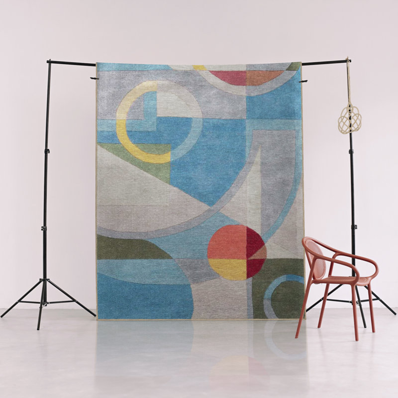 Blue-Themed Multi-Colored Geometric Shape Patterned Creative Modern Decorative Rug, Runner 3'3.37" x 9'10.11"