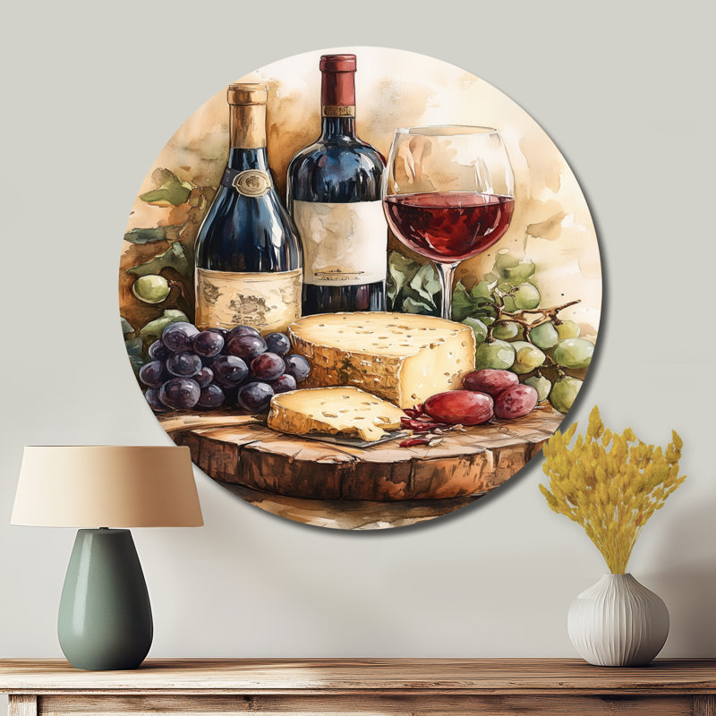 «Brown Wine and Cheese Gathering - Kitchen Still Life», reproduction d'art mural en métal, H 36 po x l 36 po