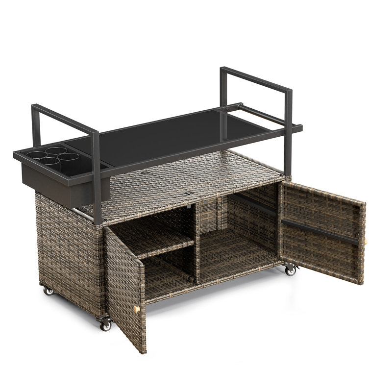 49" PE Wicker Bar Cart Portable Outdoor Table Made Of Durable Steel Frame And Tempered Glass Tabletop For Kitchen Prep And Grilling