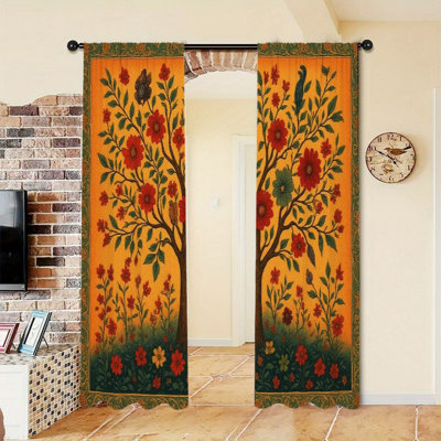 2Pcs Vibrant Tree of Life Curtains, Folk Art Floral Pattern, Rod Pocket Light Filtering, Rustic Vintage Style, All-Season For Living Room Bedroom Study Window Decor