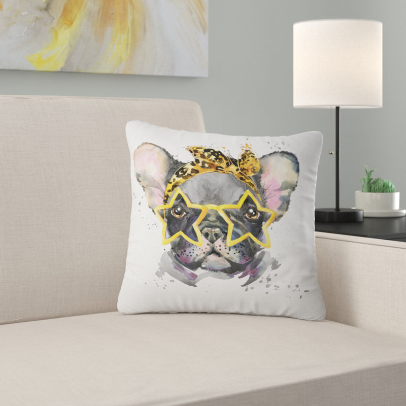 Bouledogue français avec des lunettes étoilées - Coussin imprimé animal, 18 po x 18 po, Coussin décoratif