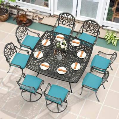9-Piece Outdoor Patio Dining Set For 8, All Weather Cast Aluminum Patio Funiture Table And Chairs Set- Large 64" Square Table And 2 Swivel Rocker Chai by Bloomsbury Market