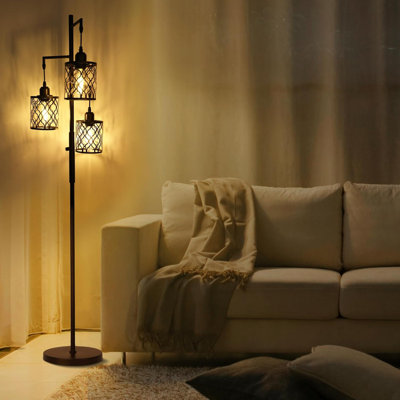 68" Farmhouse Floor Lamp, Dimmable Industrial Floor Lamps For Living Room, 3 Light Rustic Standing Tall Lamp Including 3 PCS 6W E26 Bulbs, Tree Floor Lamp For Bedrooms Room, Office, Bar, Brown