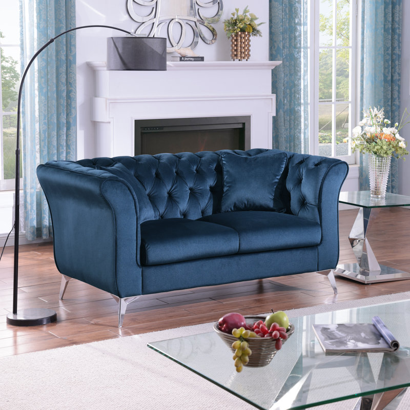 Geneveve 64.2" Velvet Rolled Arm Chesterfield Loveseat, Blue