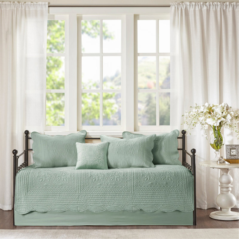 6 Piece Reversible Scalloped Edge Daybed Cover Set Daybed, Seafoam