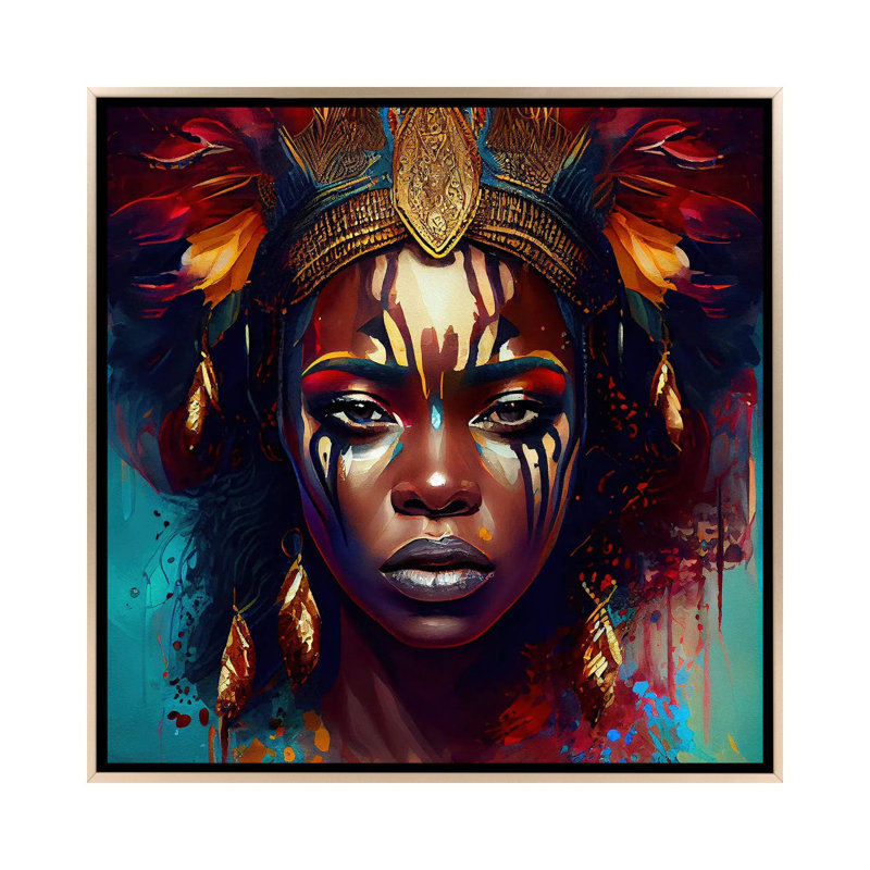 Femme de guerre puissante d'Afrique III, Toile encadrée champagne, H 37 po x l 37 po x P 1,5 po