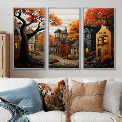 Cozy village in Autumn Moonlit III - Art mural art déco urbain