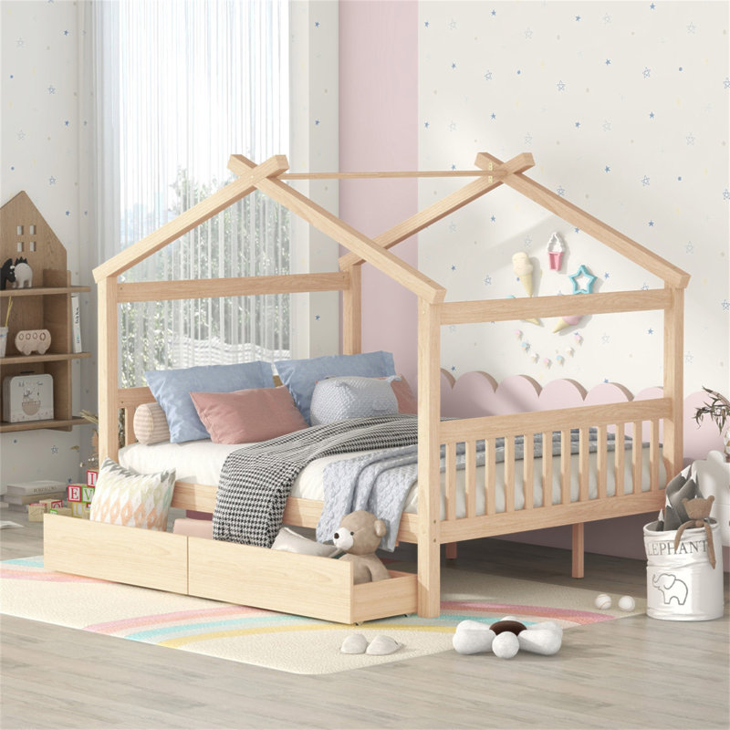 Lit double en bois avec tiroirs, Naturel