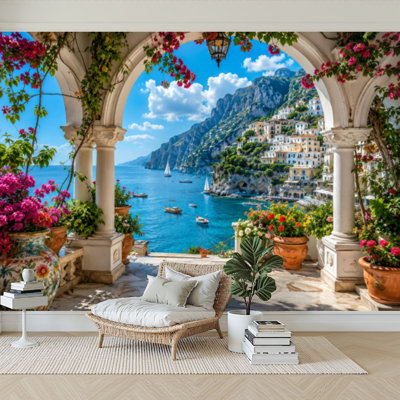 Wall Mural Peel and Stick Wallpaper Mediterranean Coastal Town Seascape Sailboats Flowered Terrace Archway Self-Adhesive Removable Contact Paper Wall Decor for Living Room Bedroom 100"H x 144"W