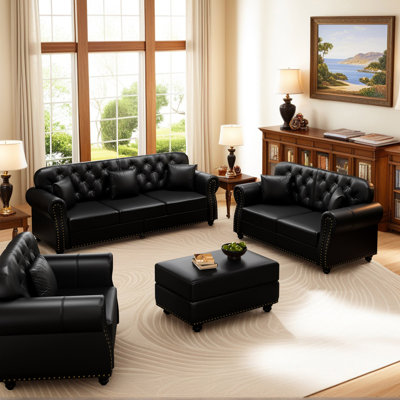Mid-Century Modern 4-Piece Faux Leather Living Room Sets With Nailhead Trim And Button Tufted, Modern Chesterfield Sofa With Pillows And Ottoman