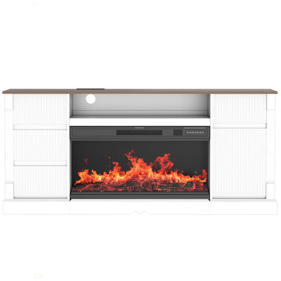 Meuble télé moderne en verre à 3 côtés avec foyer électrique pour téléviseur de 80 po ou moins, centre de divertissement avec lumières DEL, armoire de rangement et tiroirs pour le salon