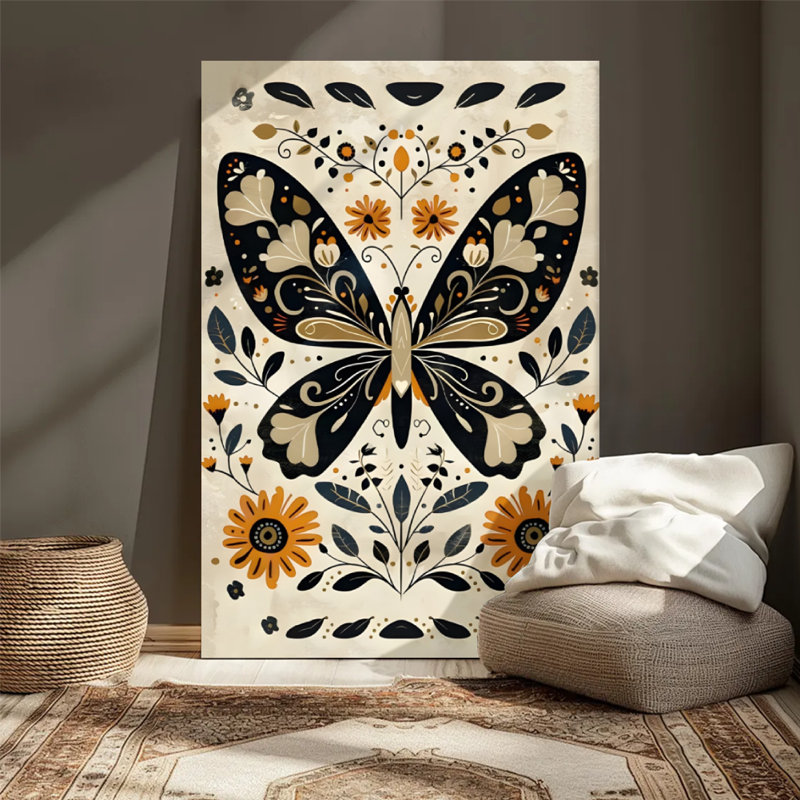Papillon orné de motifs floraux, design complexe, style art populaire. Art mural encadré en toile - Cadre en bois massif de 24 po x 36 po et 1 po d'épaisseur pour le salon ou la chambre à coucher
