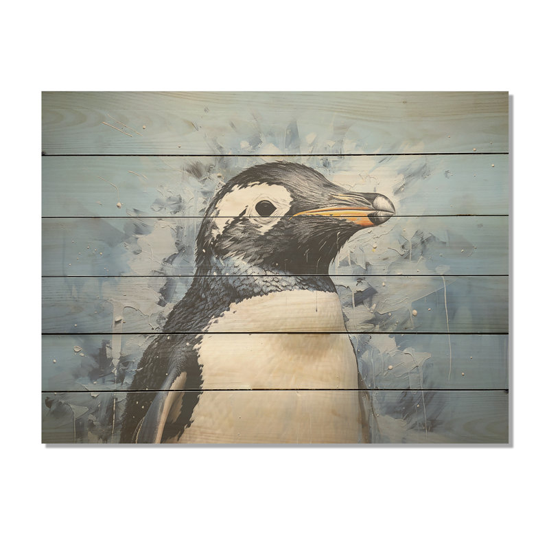 Portrait de pingouin minimaliste - Art sur bois de pin naturel, H 10 po x l 20 po