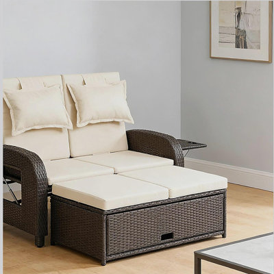 Wicker Outdoor Daybed,3-in-1 Convertible Design Reclining Sofa,Rattan Daybed