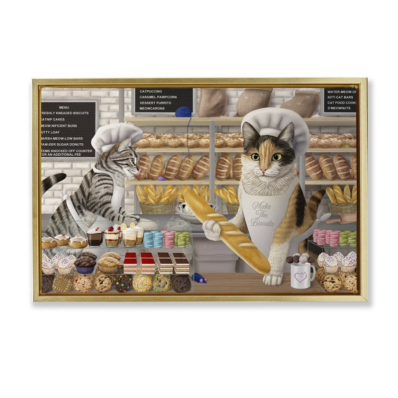  Meow Bakery Funny Cats Canvas by Mehu Art, H 21 po x l 31 po, Cadre flottant métallique doré