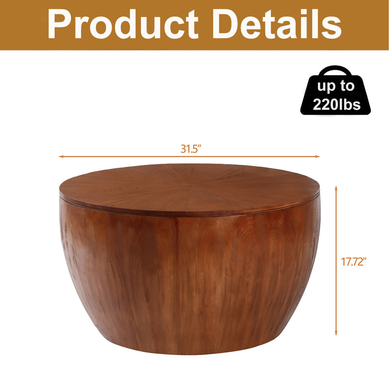 Table basse 31,50 "en forme de seau de style rétro avec fonction de rangement, nature, Brun
